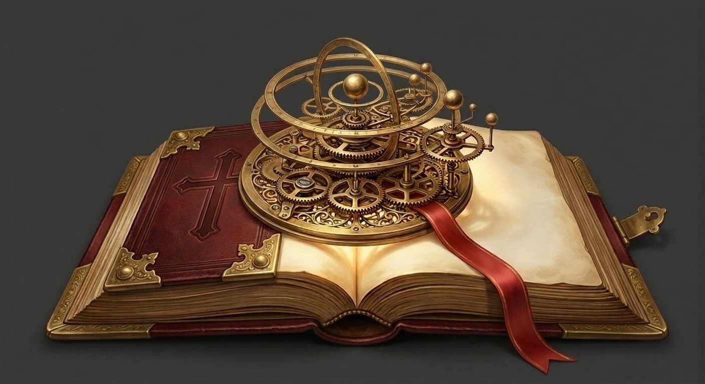An open Bible with an intricate brass clockwork engine rising from its pages